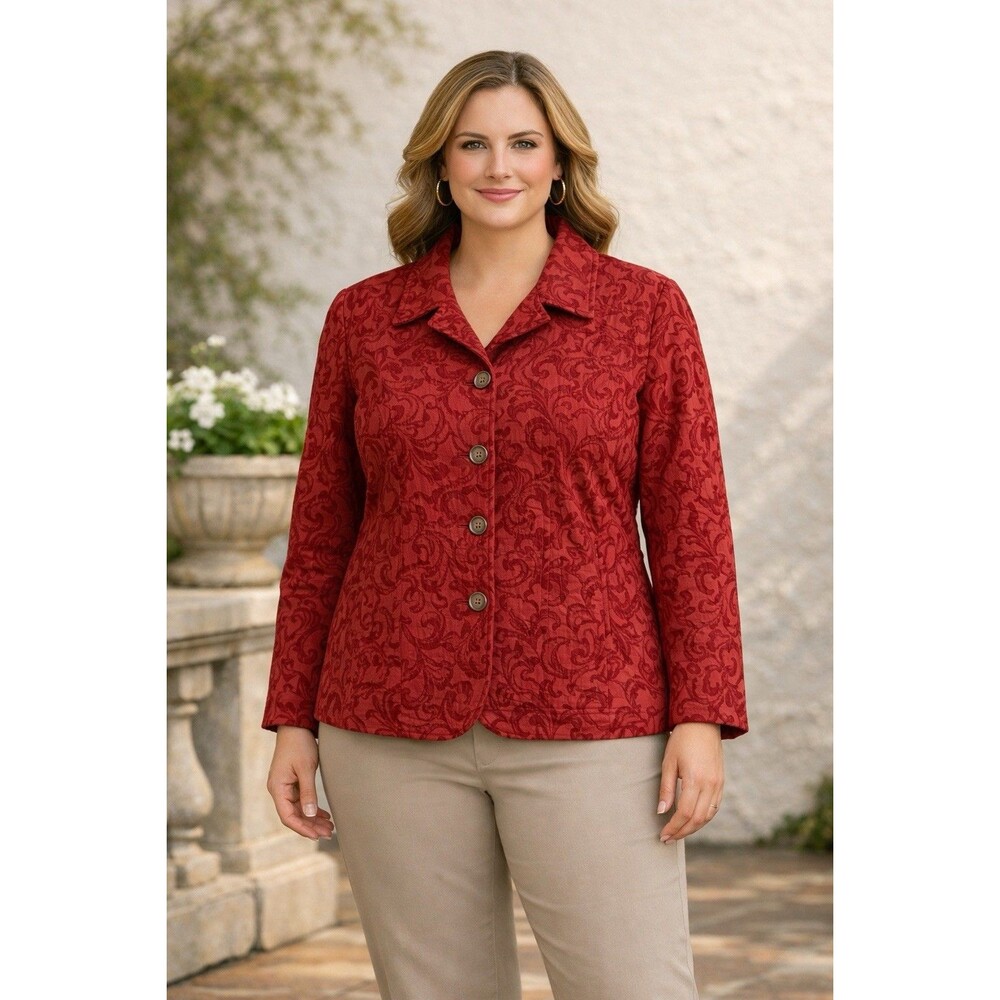Coldwater Creek Women’s Red Jacquard 4 Button Jacket Blazer Career Office Sz 1X
